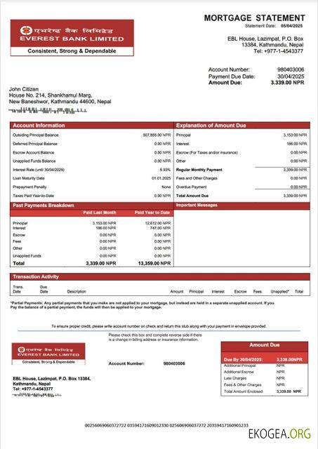 Modèle Word et PDF de relevé hypothécaire de la Nepal Everest Bank